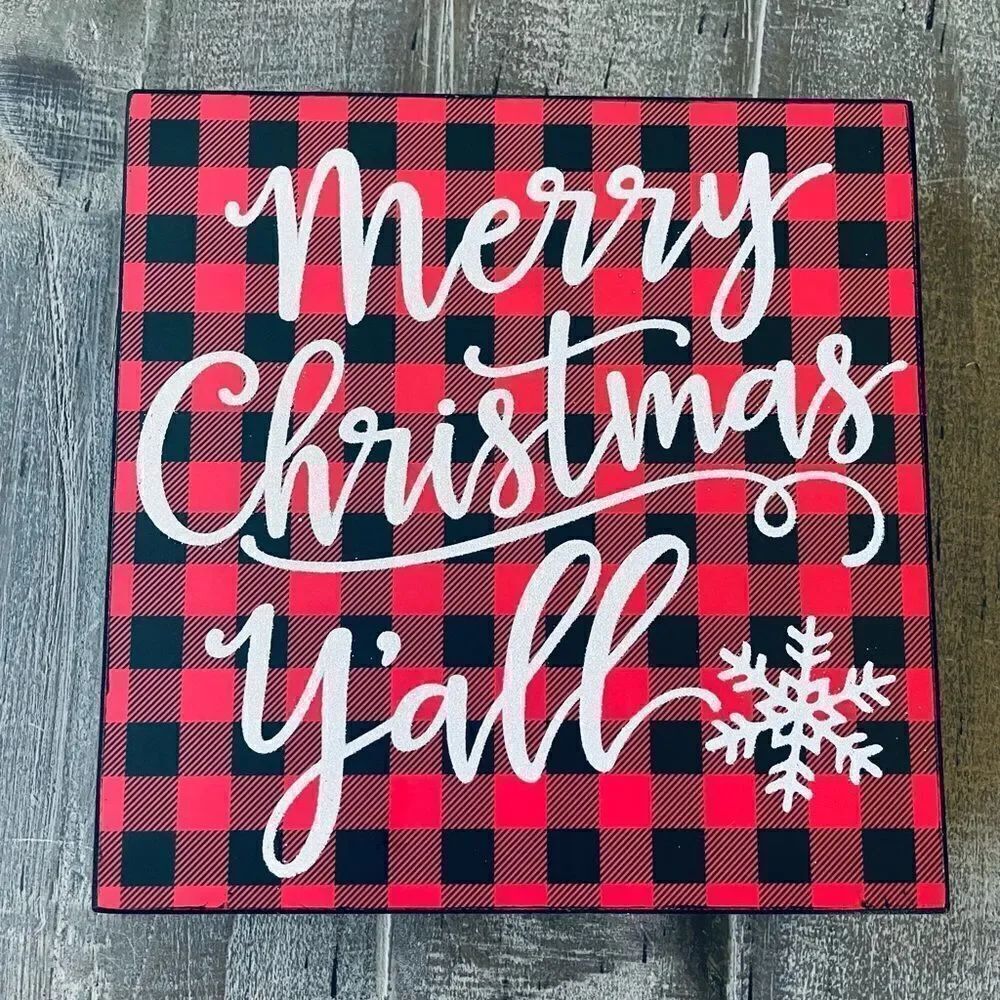 Merry Christmas Y’all Rustic Farmhouse Plaid Decor Sign